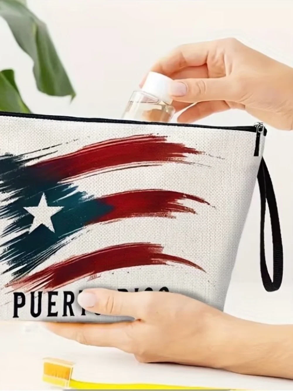 Puerto Rico Canvas Cosmetic Bag - White with Red & Blue Flag Design